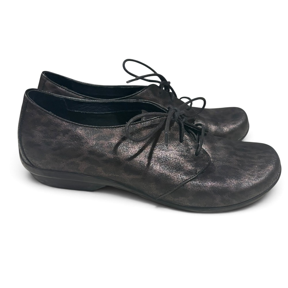 Dansko Women 41 Metallic Leopard Print Leather Lace Up Oxford Shoes Black Bronze